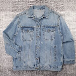 Free People Studded Distressed Denim Jacket Light Wash Blue Oversized Womens L